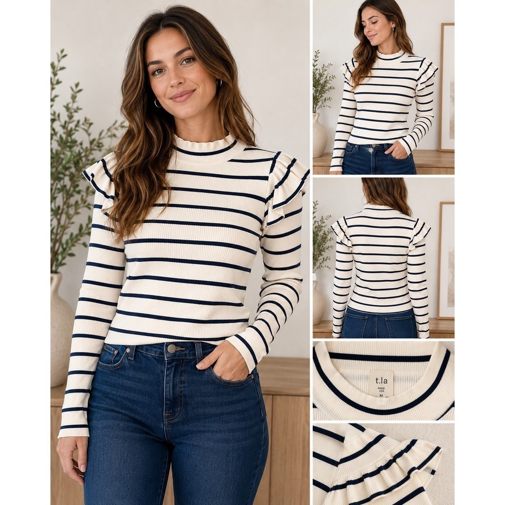 t.l.a Striped Ruffle Shoulder Mock Neck Top Navy White Preppy Minimalist Medium